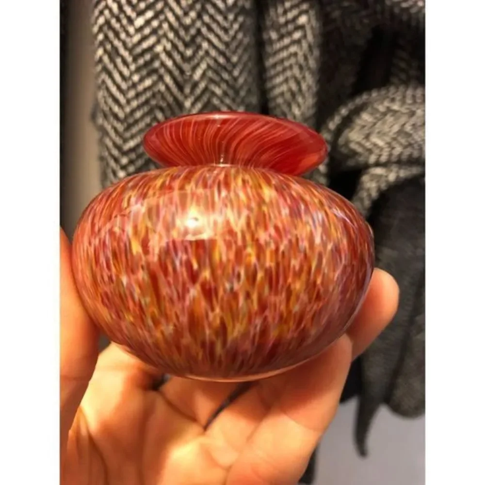 Vintage Art Glass Tiny Bud Vase Orange Red Swirl Hand Blown Glass 2
